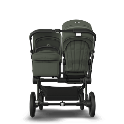 Forest Green Bugaboo Donkey 5 stroller with 2 x seat and1 x carrycot fabrics, designed for easy folding and adaptable for mono, duo or twin configurations.