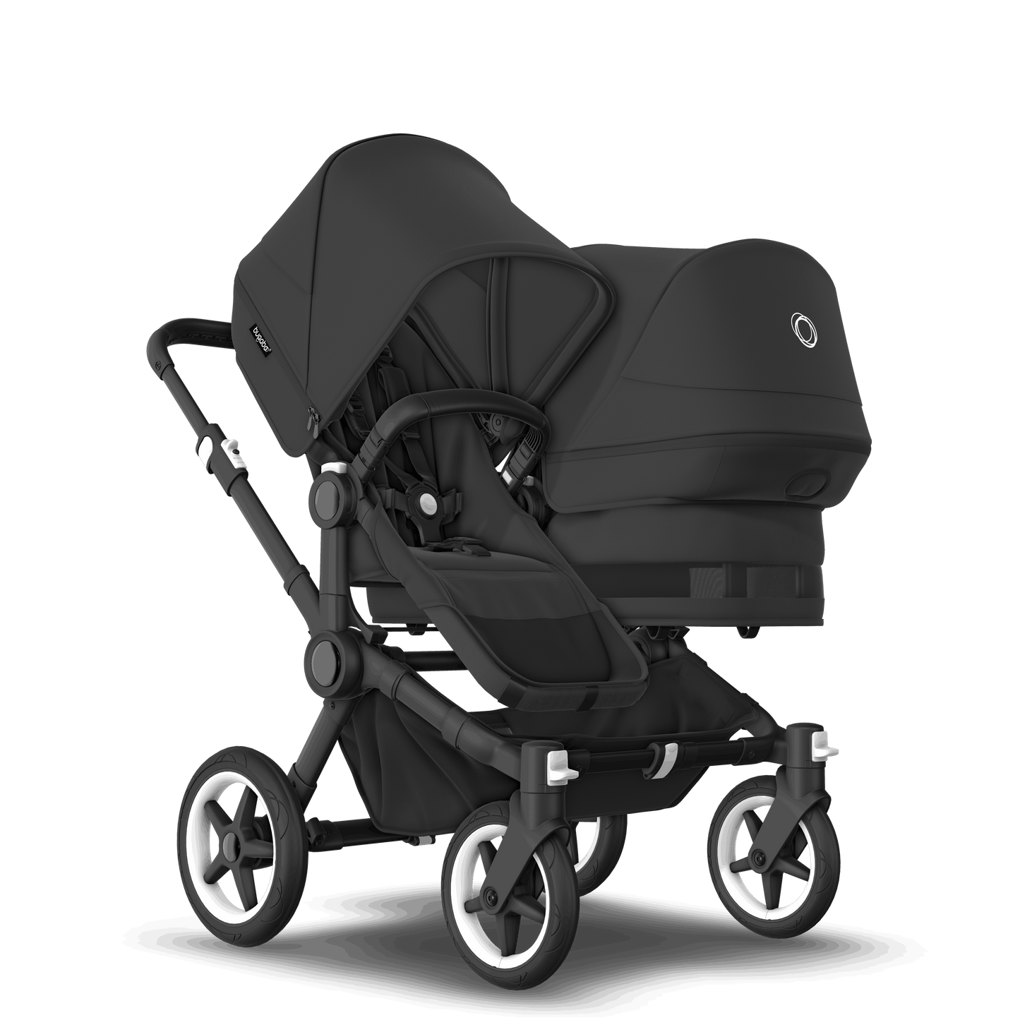 Midnight Black Bugaboo Donkey 5 stroller with 2 x seat and1 x carrycot fabrics, designed for easy folding and adaptable for mono, duo or twin configurations.