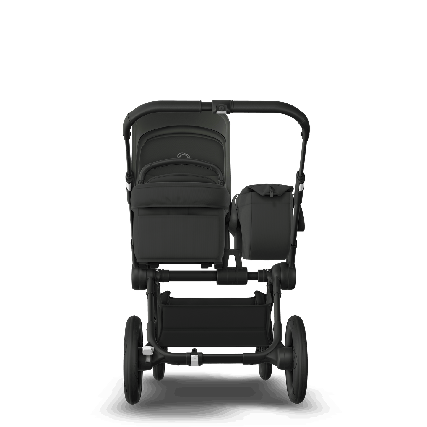 Midnight Black Bugaboo Donkey 5 stroller with seat and carrycot fabrics, designed for easy folding and adaptable for duo or twin configurations.