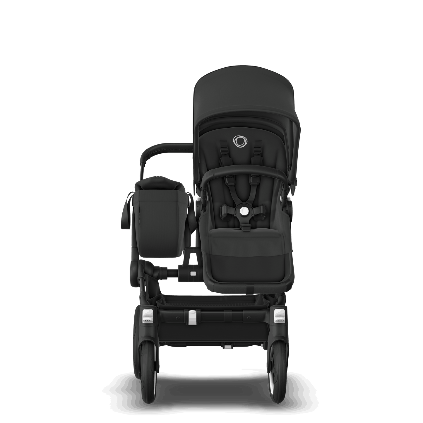 Midnight Black Bugaboo Donkey 5 stroller with seat and carrycot fabrics, designed for easy folding and adaptable for duo or twin configurations.