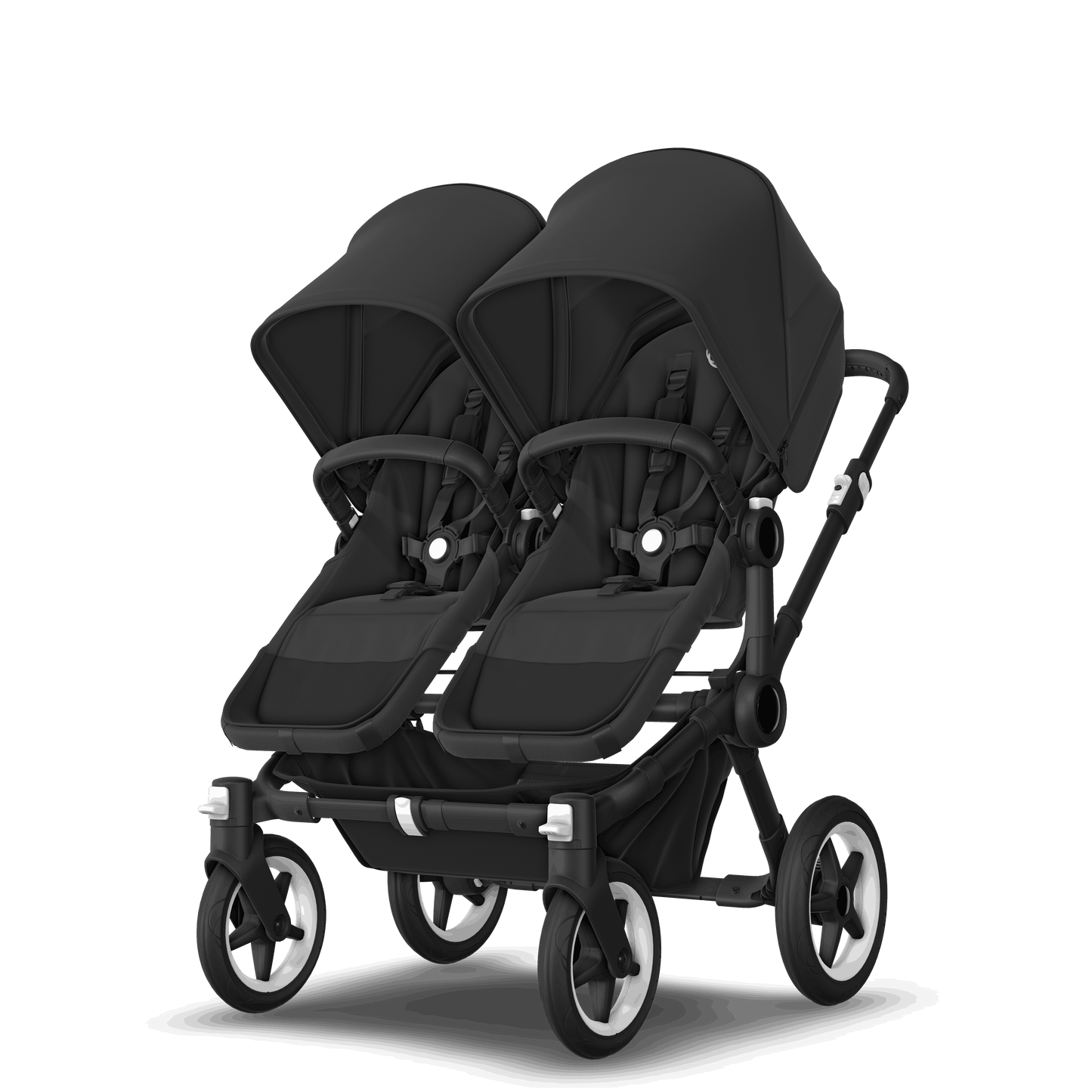 Midnight Black Bugaboo Donkey 5 stroller with 2 x seat and 2 x carrycot fabrics, designed for easy folding and adaptable for mono, duo or twin configurations.