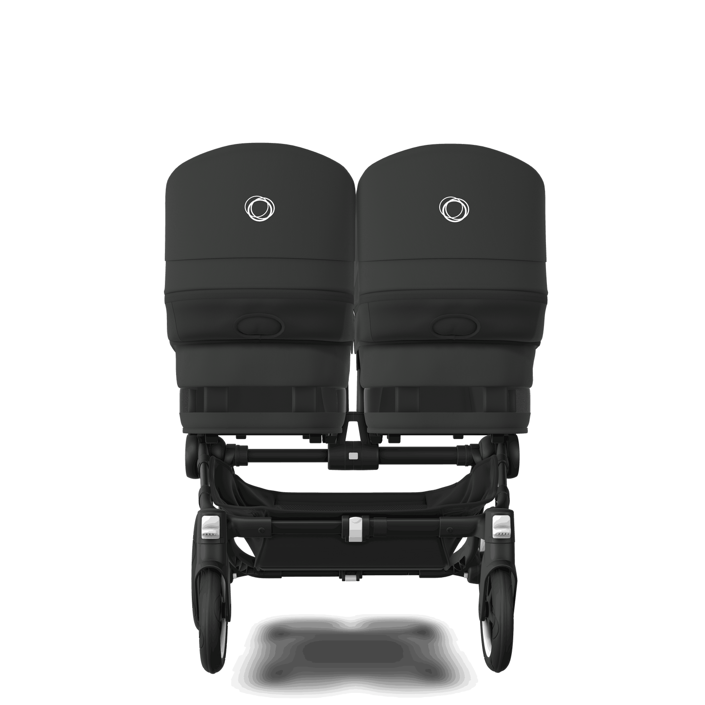 Midnight Black Bugaboo Donkey 5 stroller with 2 x seat and 2 x carrycot fabrics, designed for easy folding and adaptable for mono, duo or twin configurations.