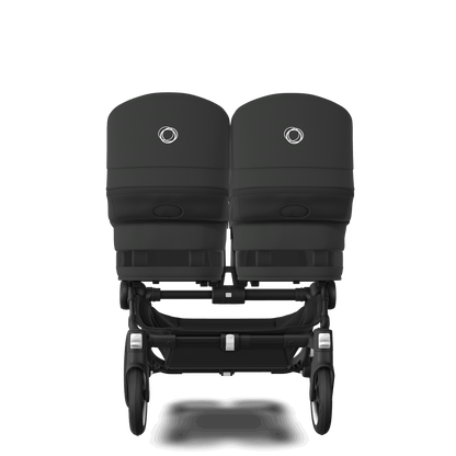 Midnight Black Bugaboo Donkey 5 stroller with 2 x seat and 2 x carrycot fabrics, designed for easy folding and adaptable for mono, duo or twin configurations.