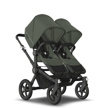 Forest Green Bugaboo Donkey 5 stroller with 2 x seat and 2 x carrycot fabrics, designed for easy folding and adaptable for mono, duo or twin configurations.