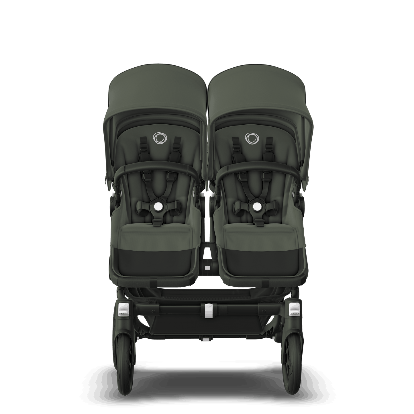 Forest Green Bugaboo Donkey 5 stroller with 2 x seat and 2 x carrycot fabrics, designed for easy folding and adaptable for mono, duo or twin configurations.