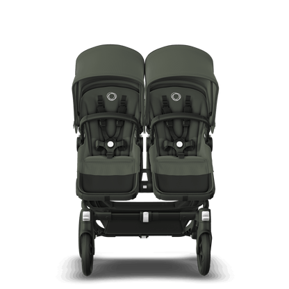 Forest Green Bugaboo Donkey 5 stroller with 2 x seat and 2 x carrycot fabrics, designed for easy folding and adaptable for mono, duo or twin configurations.