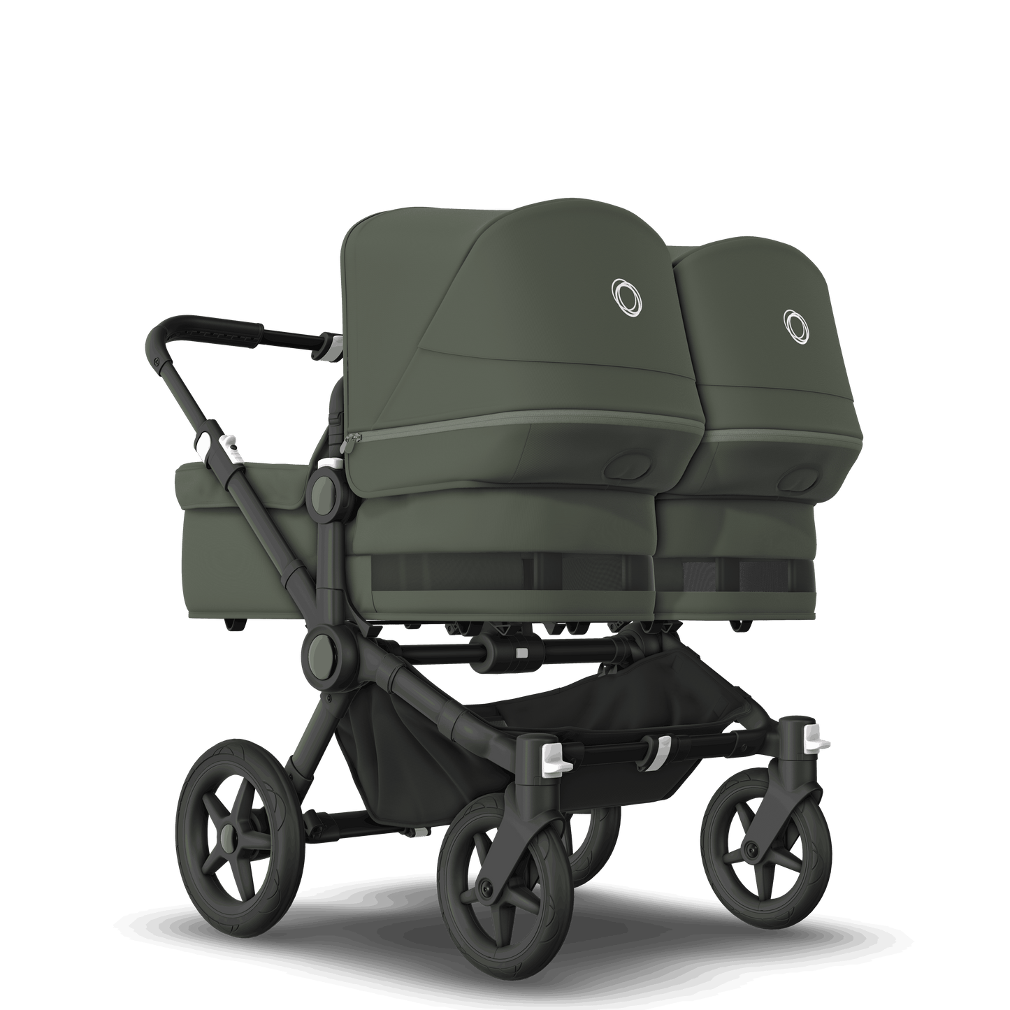 Forest Green Bugaboo Donkey 5 stroller with 2 x seat and 2 x carrycot fabrics, designed for easy folding and adaptable for mono, duo or twin configurations.