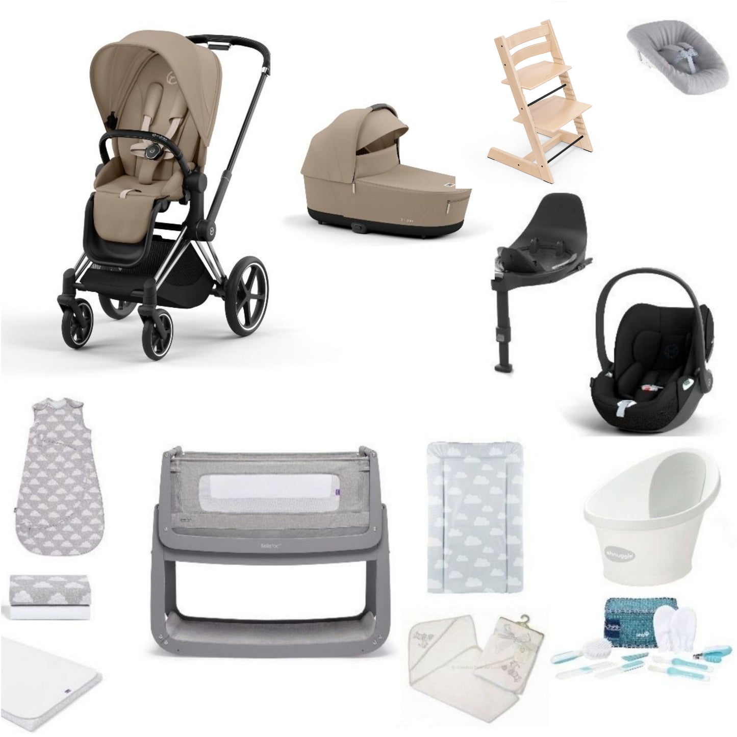 Cybex Priam Pushchair & carrycot in Cozy Beige, complete with all babies essential including car seat, tripp trapp highchair, crib and bath.