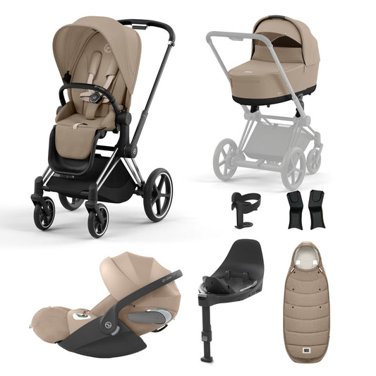 Priam cozy beige travel system on a chrome black chassis with car seat, isofix base and footmuff.