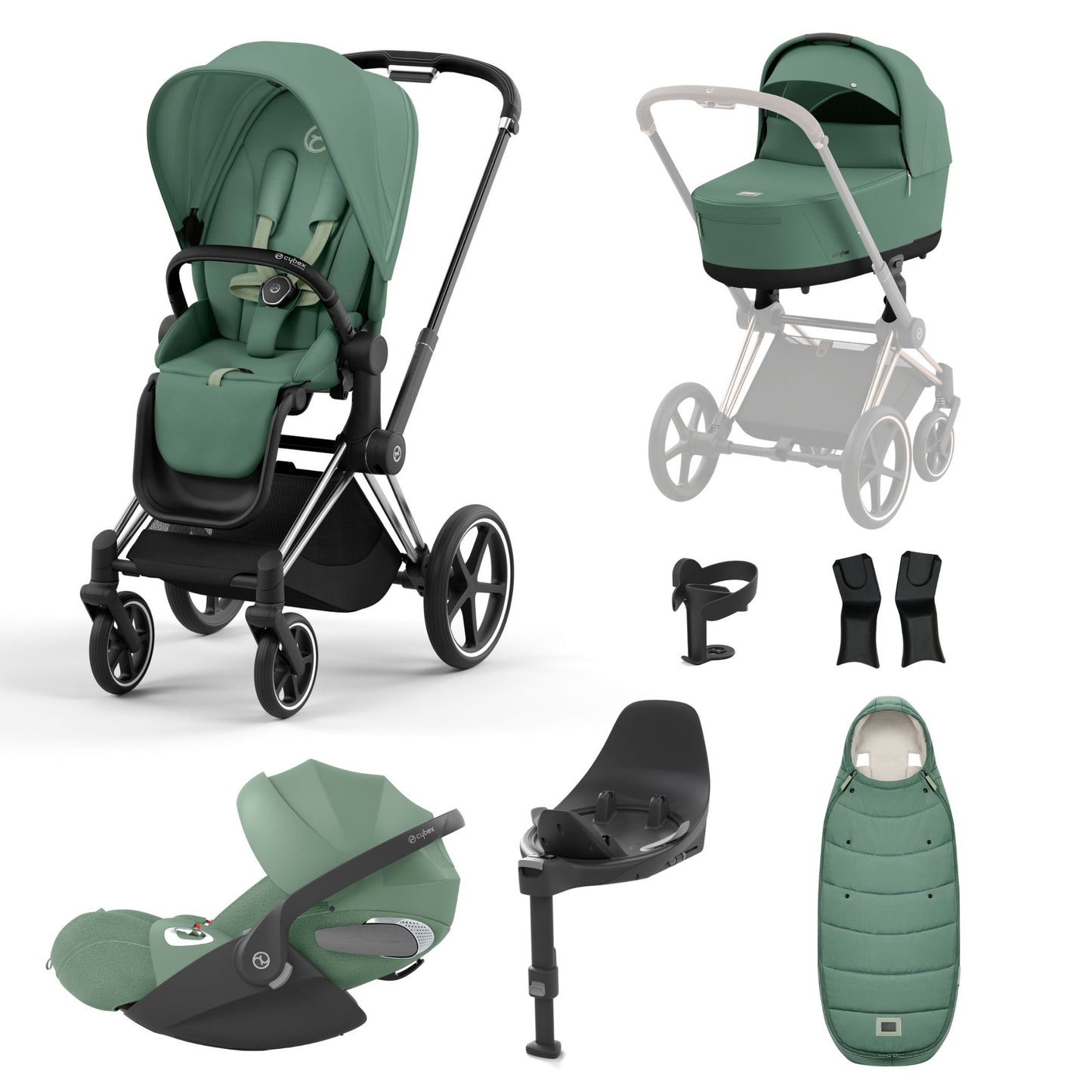 Priam leaf green travel system on a chrome black chassis with car seat, isofix base and footmuff.