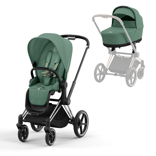 Cybex Priam in leaf green on a chrome black chassis with seat unit and carrycot.