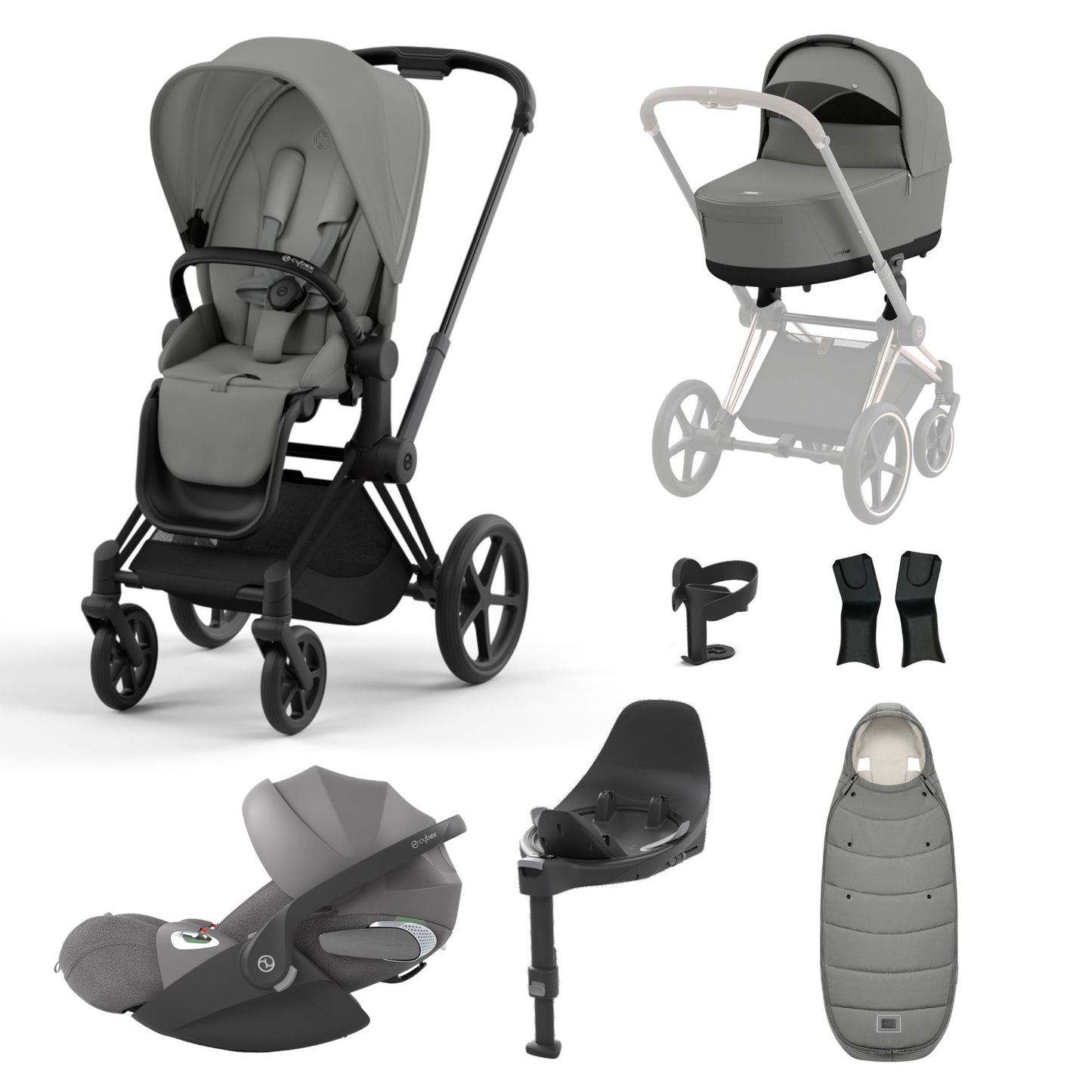 Priam mirage grey travel system on a matt black chassis with car seat, isofix base and footmuff.