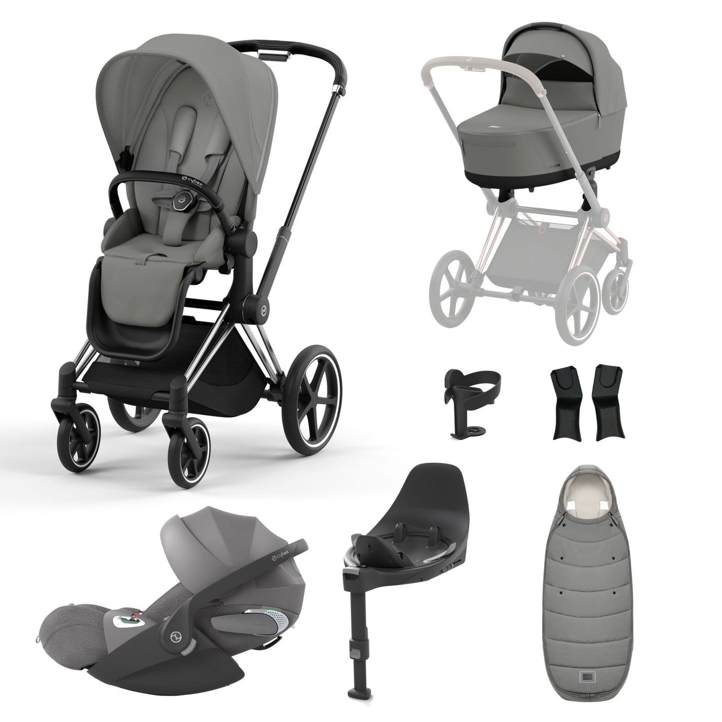 Priam mirage grey travel system on a chrome black chassis with car seat, isofix base and footmuff.