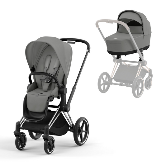 Cybex Priam in mirage grey on a chrome black chassis with seat unit and carrycot.