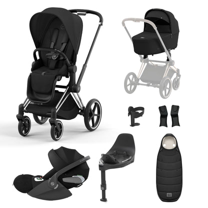 Priam sepia black travel system on a chrome black chassis with car seat, isofix base and footmuff.