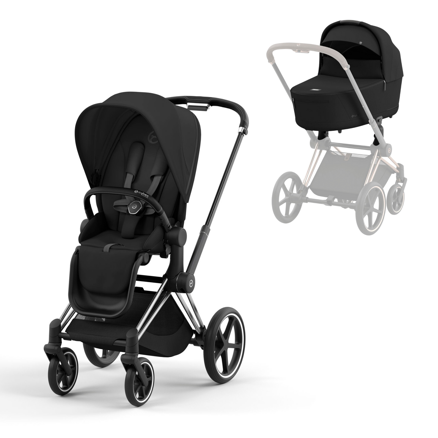 Cybex Priam in sepia black on a chrome black chassis with seat unit and carrycot.