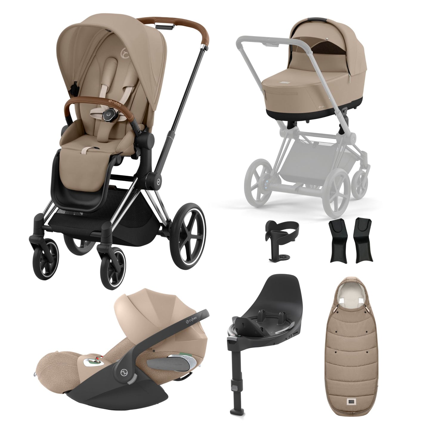 Priam cozy beige travel system on a chrome brown chassis with car seat, isofix base and footmuff.