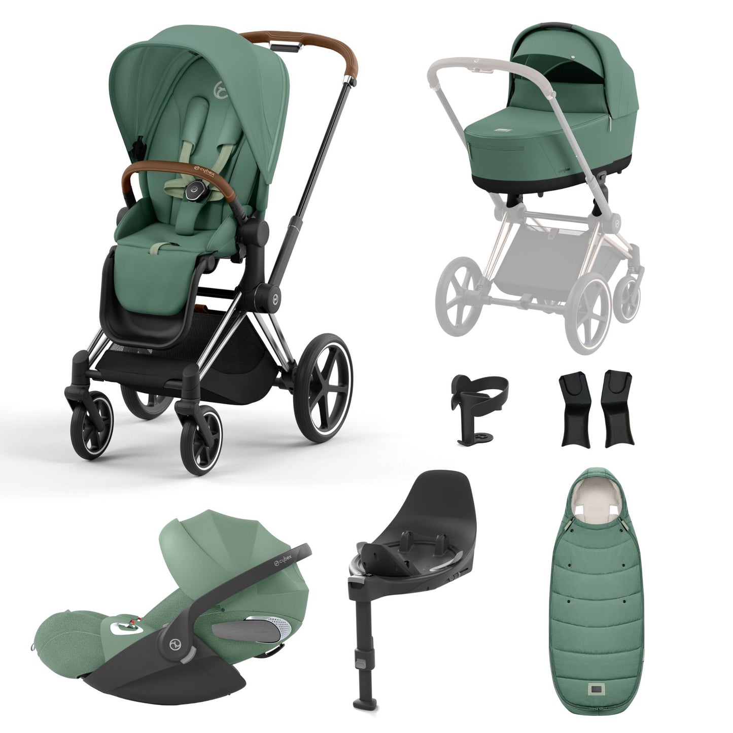 Priam leaf green travel system on a chrome brown chassis with car seat, isofix base and footmuff.