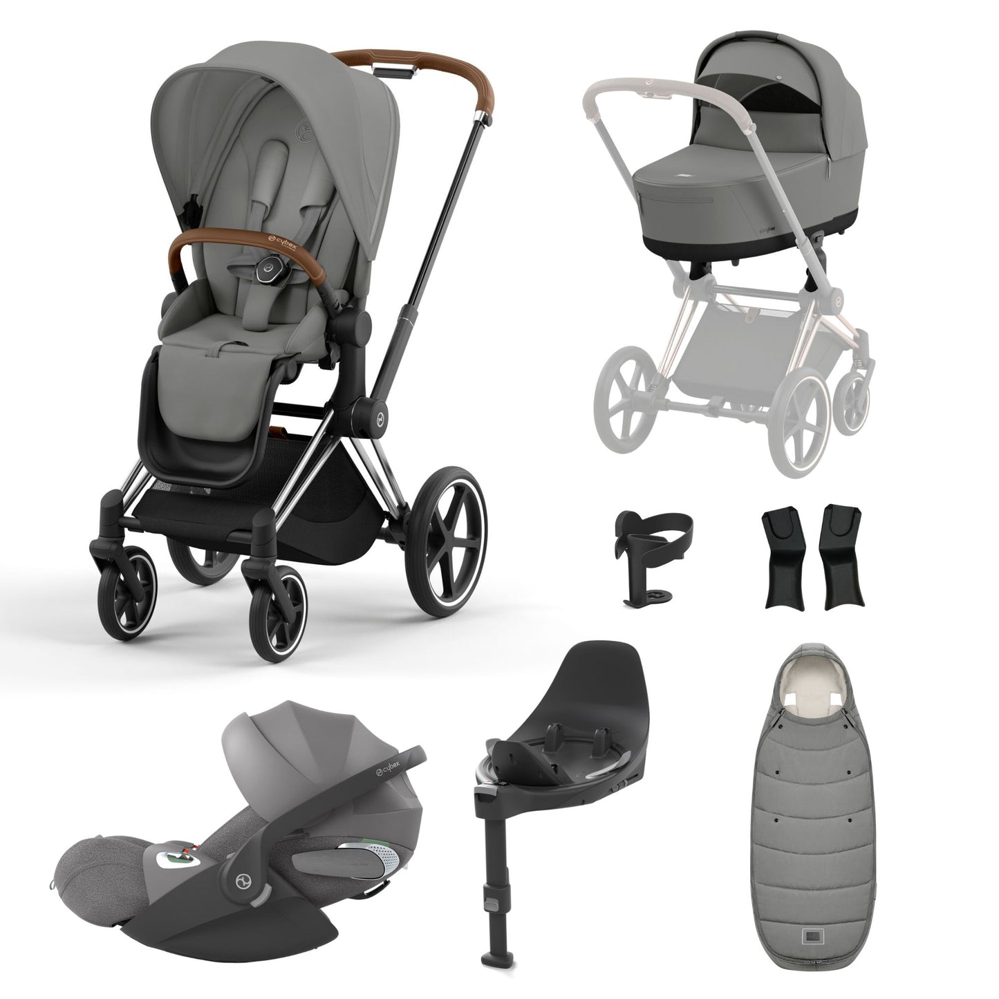 Priam mirage grey travel system on a chrome brown chassis with car seat, isofix base and footmuff.