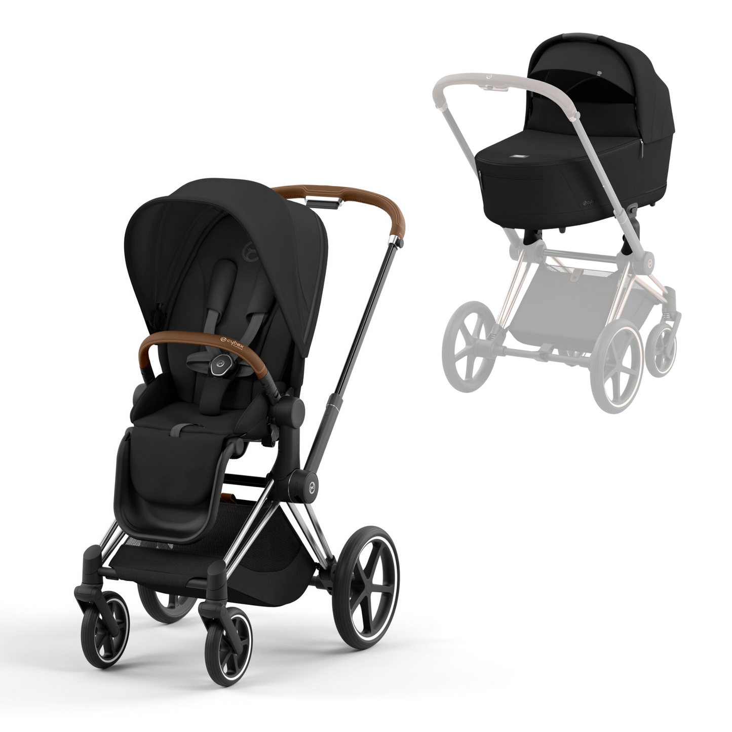 Cybex Priam in sepia black on a chrome brown chassis with seat unit and carrycot.