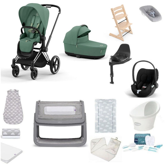 Cybex Priam Pushchair & carrycot in Leaf Green, complete with all babies essential including car seat, tripp trapp highchair, crib and bath.