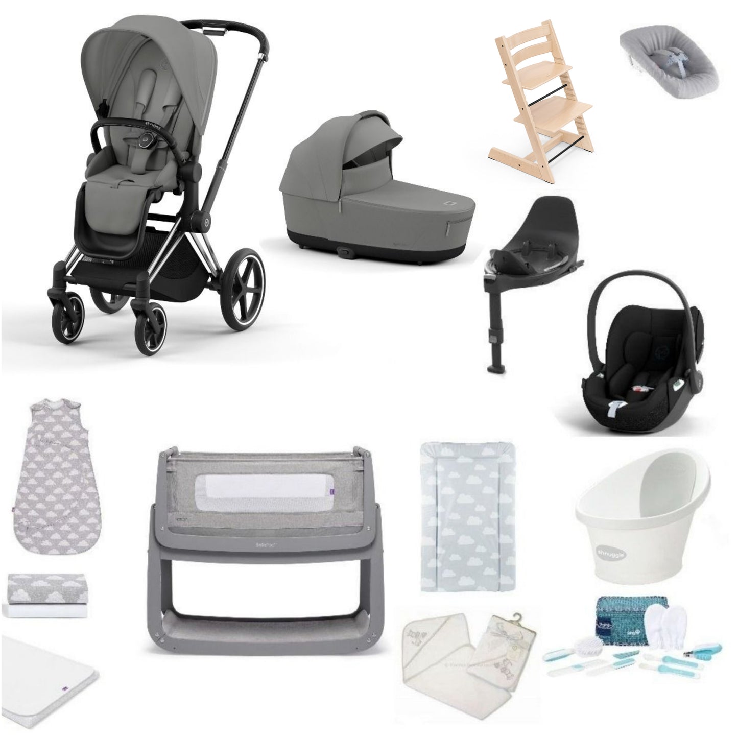 Cybex Priam Pushchair & carrycot in Mirage Grey, complete with all babies essential including car seat, tripp trapp highchair, crib and bath.