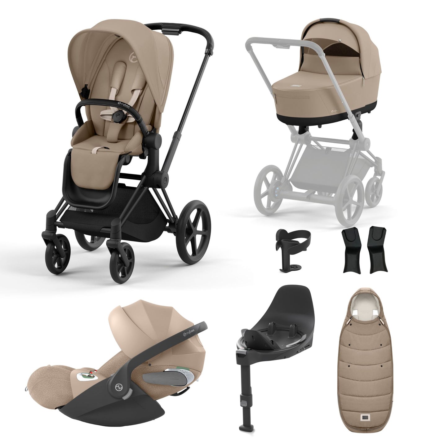 Priam cozy beige travel system on a matt black chassis with car seat, isofix base and footmuff.