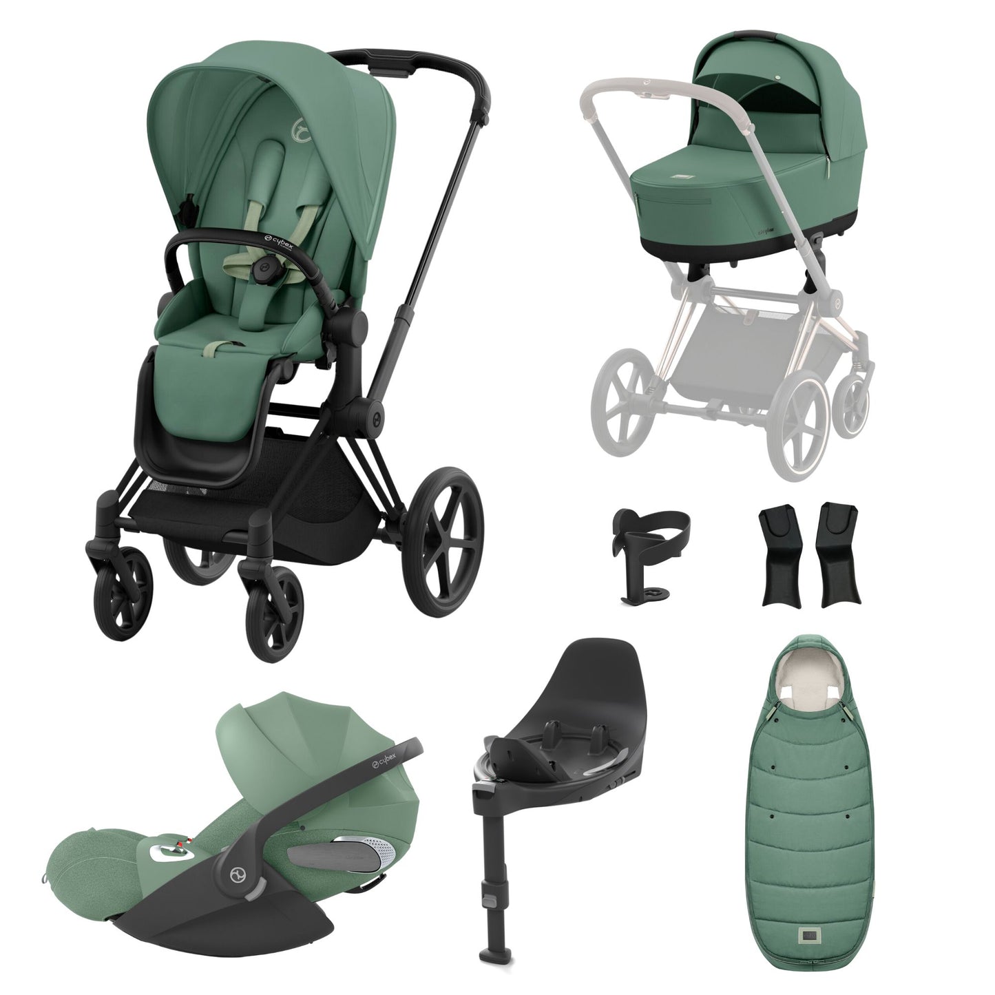 Priam leaf green travel system on a matt black chassis with car seat, isofix base and footmuff.