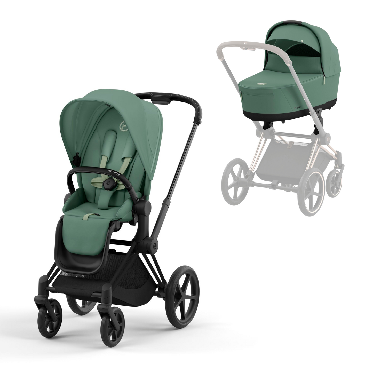 Cybex Priam in leaf green on a matt black chassis with seat unit and carrycot.