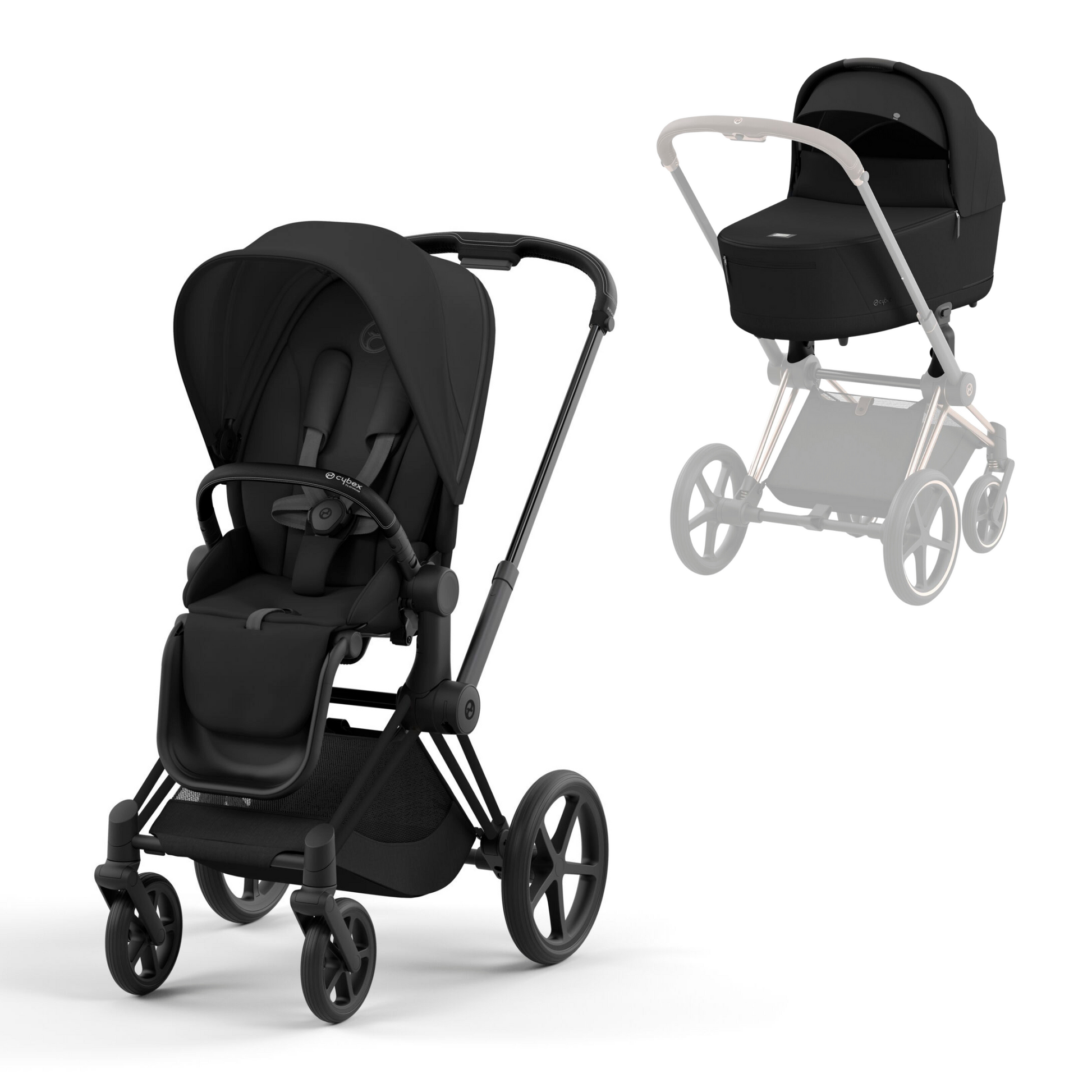 Cybex Priam in sepia black on a matt black chassis with seat unit and carrycot.