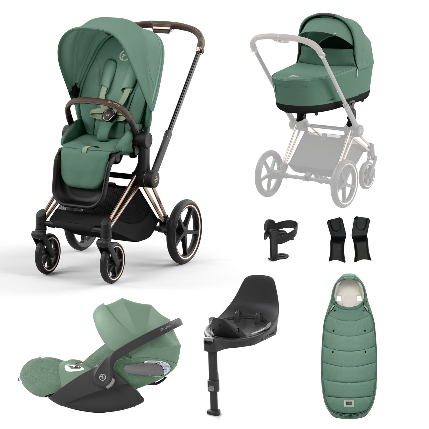 Priam leaf green travel system on a rose gold chassis with car seat, isofix base and footmuff.