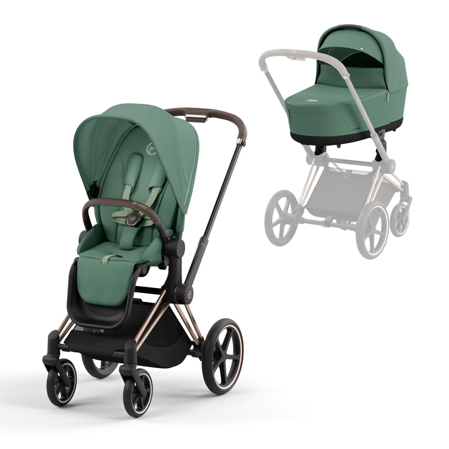 Cybex Priam in leaf green on a rose gold chassis with seat unit and carrycot.