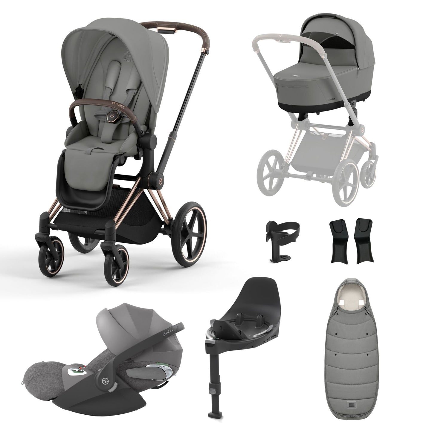 Priam mirage grey travel system on a rose gold chassis with car seat, isofix base and footmuff.