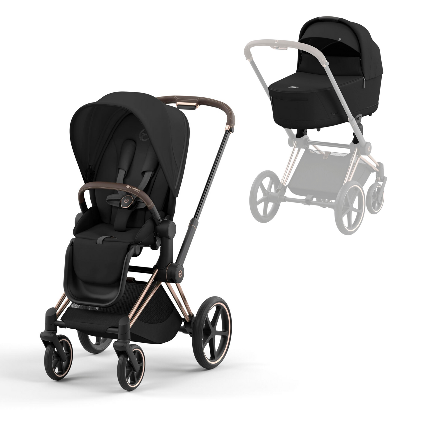 Cybex Priam in sepia black on a rose gold chassis with seat unit and carrycot.