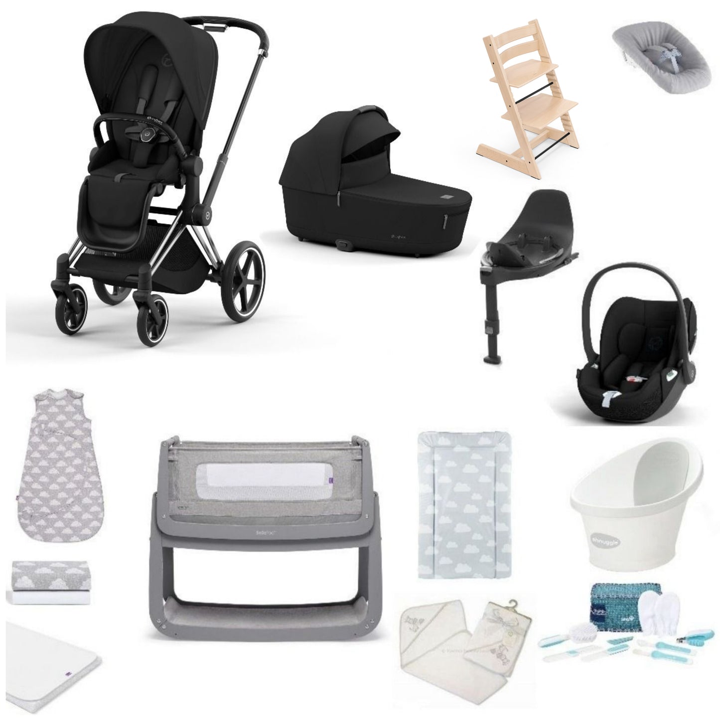 Cybex Priam Pushchair & carrycot in Sepia Black, complete with all babies essential including car seat, tripp trapp highchair, crib and bath.