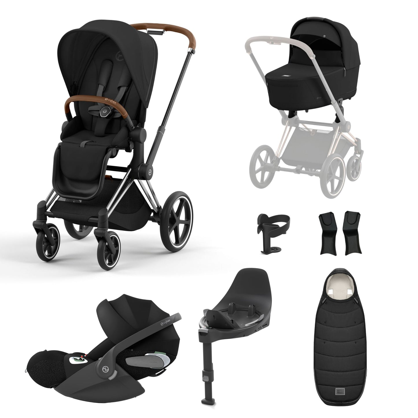 Priam sepia black travel system on a chrome brown chassis with car seat, isofix base and footmuff.