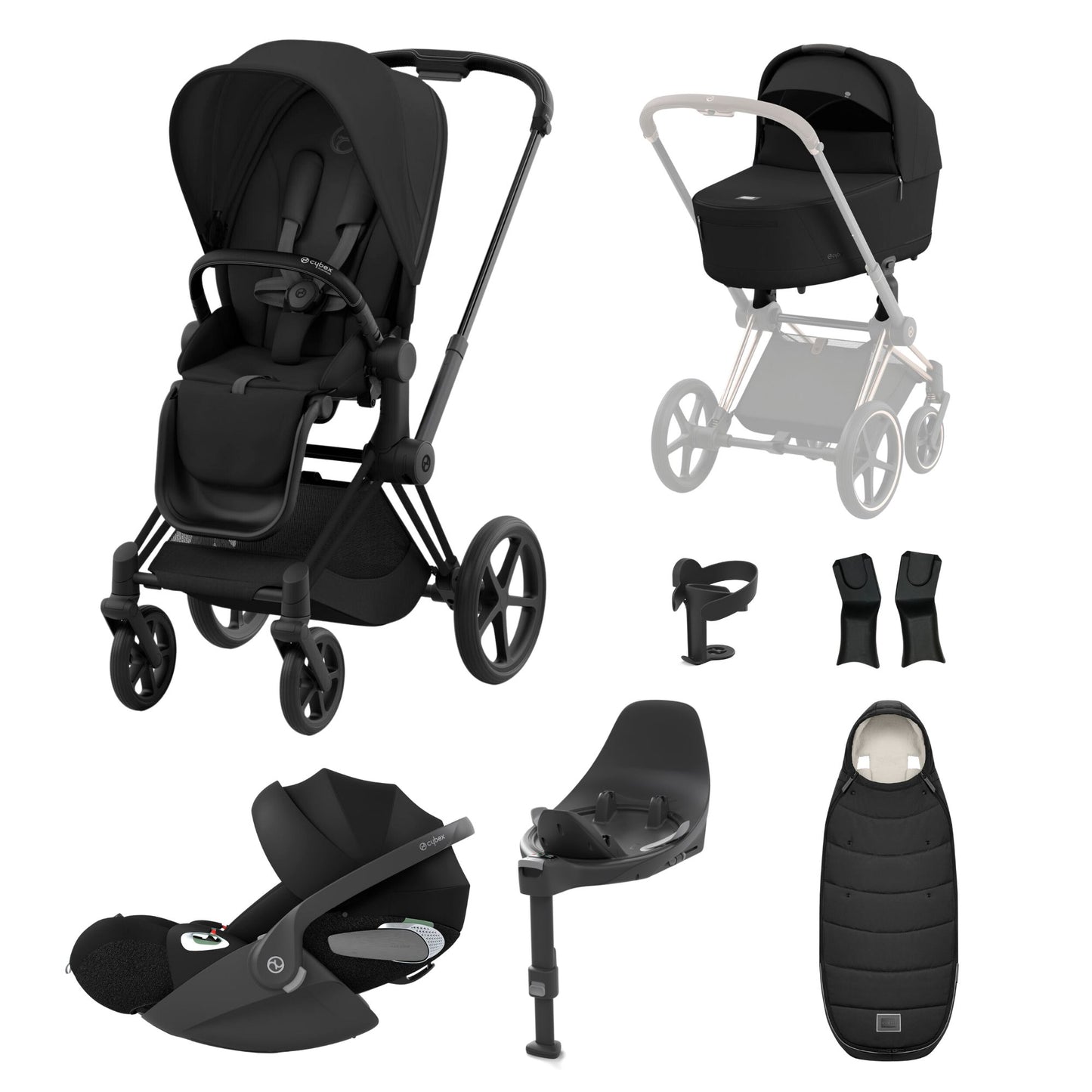 Priam sepia black travel system on a matt black chassis with car seat, isofix base and footmuff.