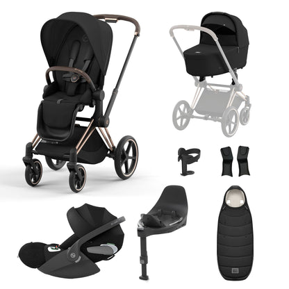 Priam sepia black travel system on a rose gold chassis with car seat, isofix base and footmuff.