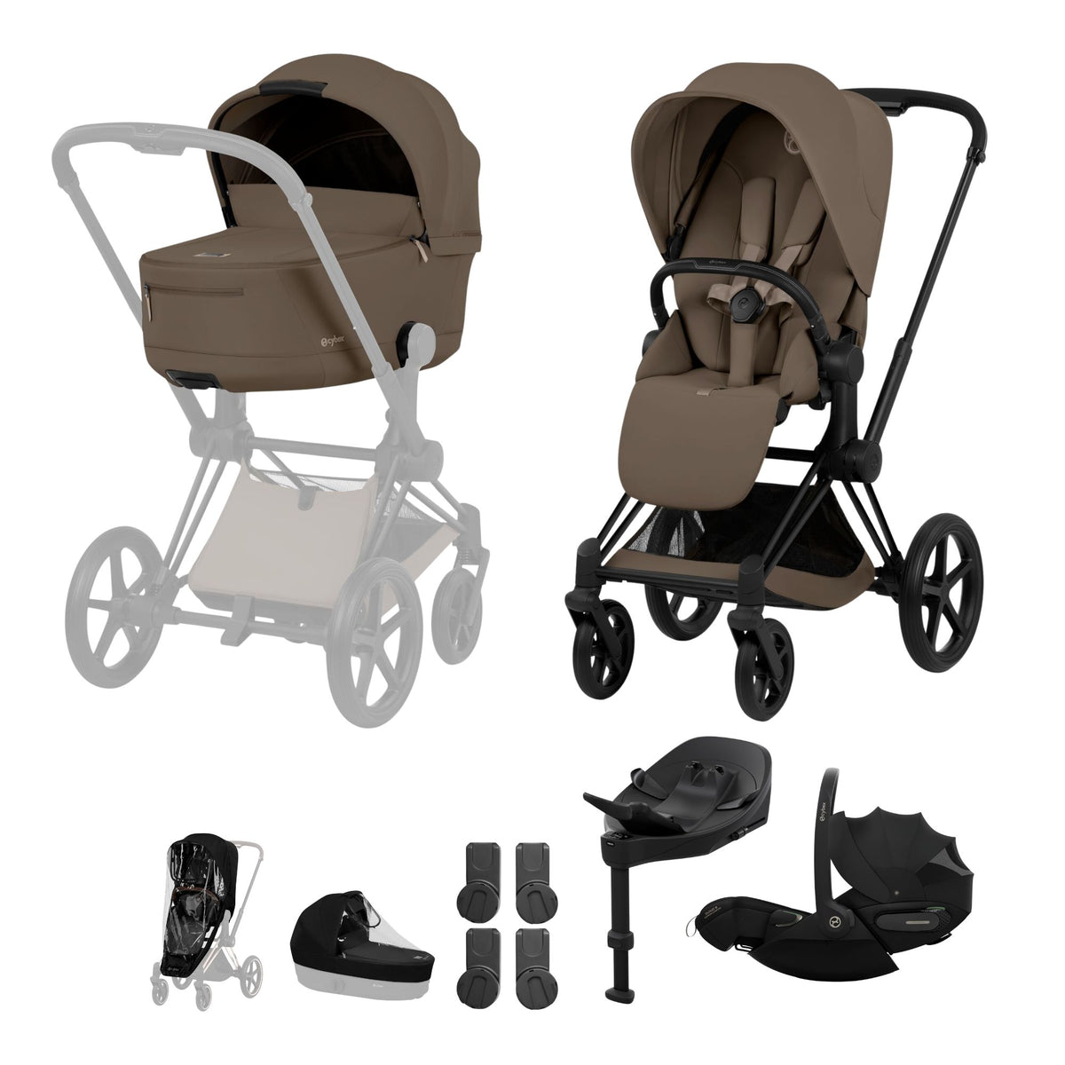 Cybex Priam comfort collection pushchair and carrycot in COCONUT BROWN colourway on a matt black chassis, complete with cloud S car seat & base. 