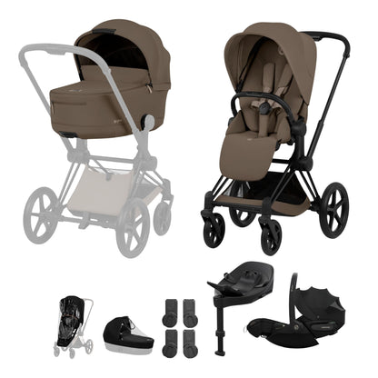Cybex Priam comfort collection pushchair and carrycot in COCONUT BROWN colourway on a matt black chassis, complete with cloud S car seat & base. 