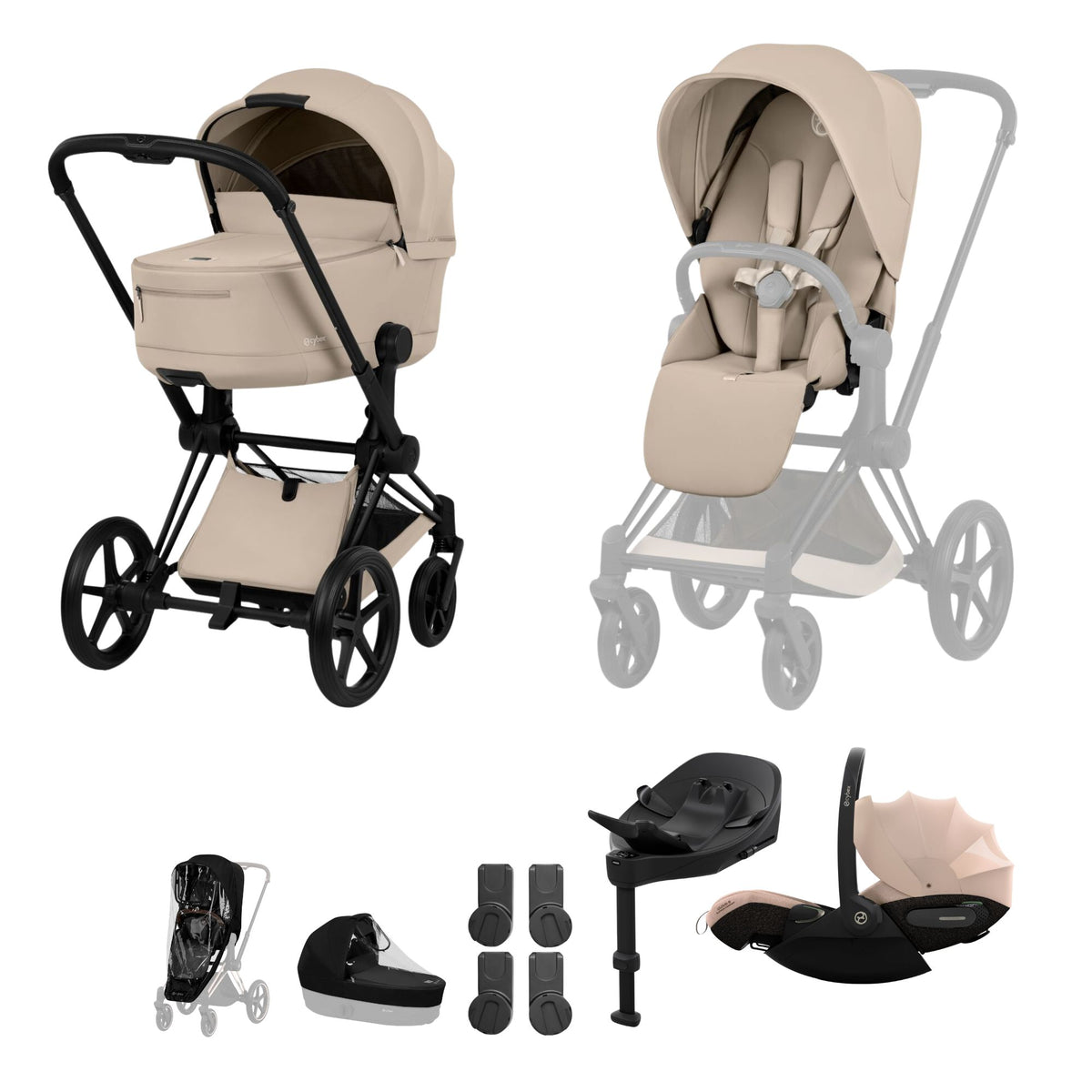 Cybex Priam comfort collection pushchair and carrycot in cozy beige colourway on a matt black chassis, complete with cloud S car seat & base. 