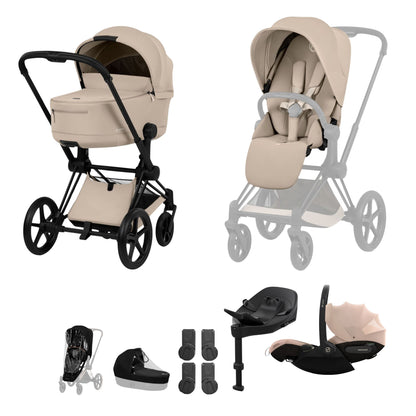 Cybex Priam comfort collection pushchair and carrycot in cozy beige colourway on a matt black chassis, complete with cloud S car seat & base. 