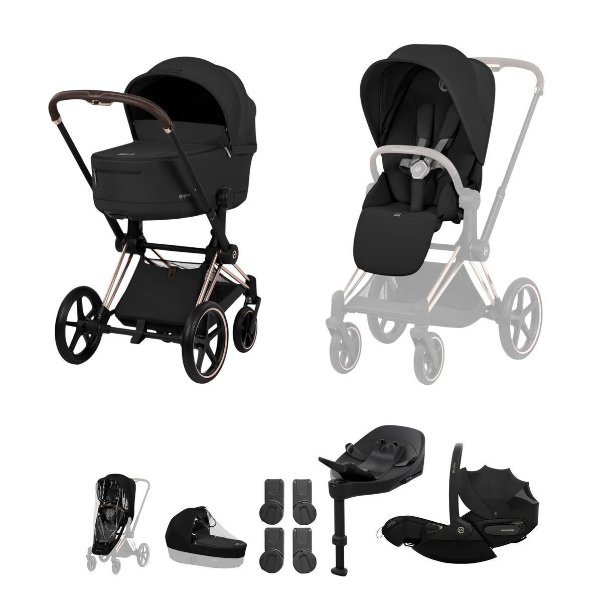 Cybex Priam comfort collection pushchair and carrycot and in sepia black colourway on a rose gold chassis, complete with cloud S car seat & base. 