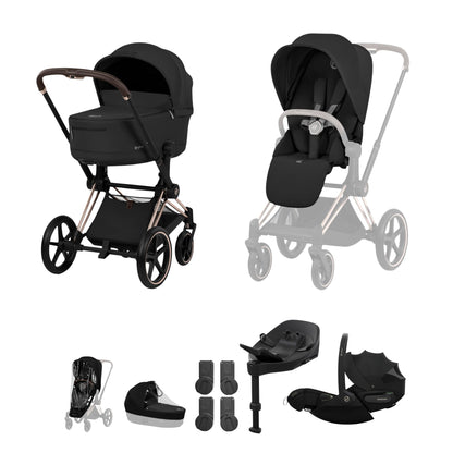 Cybex Priam comfort collection pushchair and carrycot and in sepia black colourway on a rose gold chassis, complete with cloud S car seat & base. 