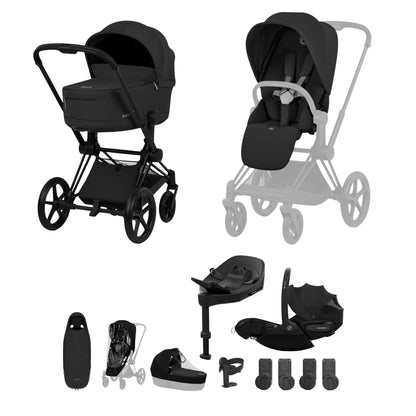 Cybex Priam comfort collection pushchair, carrycot and footmuff in sepia black colourway on a matt black chassis, complete with cloud S car seat & base. 