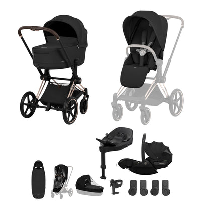 Cybex Priam comfort collection pushchair, carrycot and footmuff in sepia black colourway on a rose gold chassis, complete with cloud S car seat & base. 