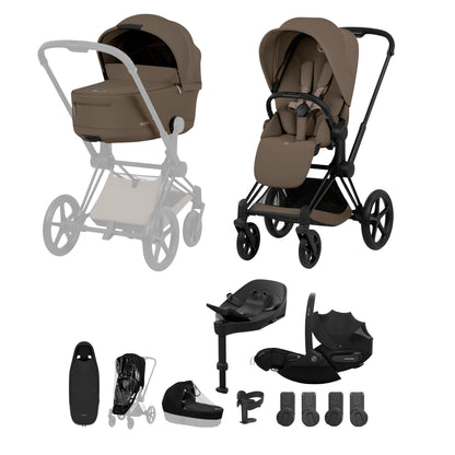 Cybex Priam comfort collection pushchair, carrycot and footmuff in coconut brown colourway on a matt black chassis, complete with cloud S car seat & base. 