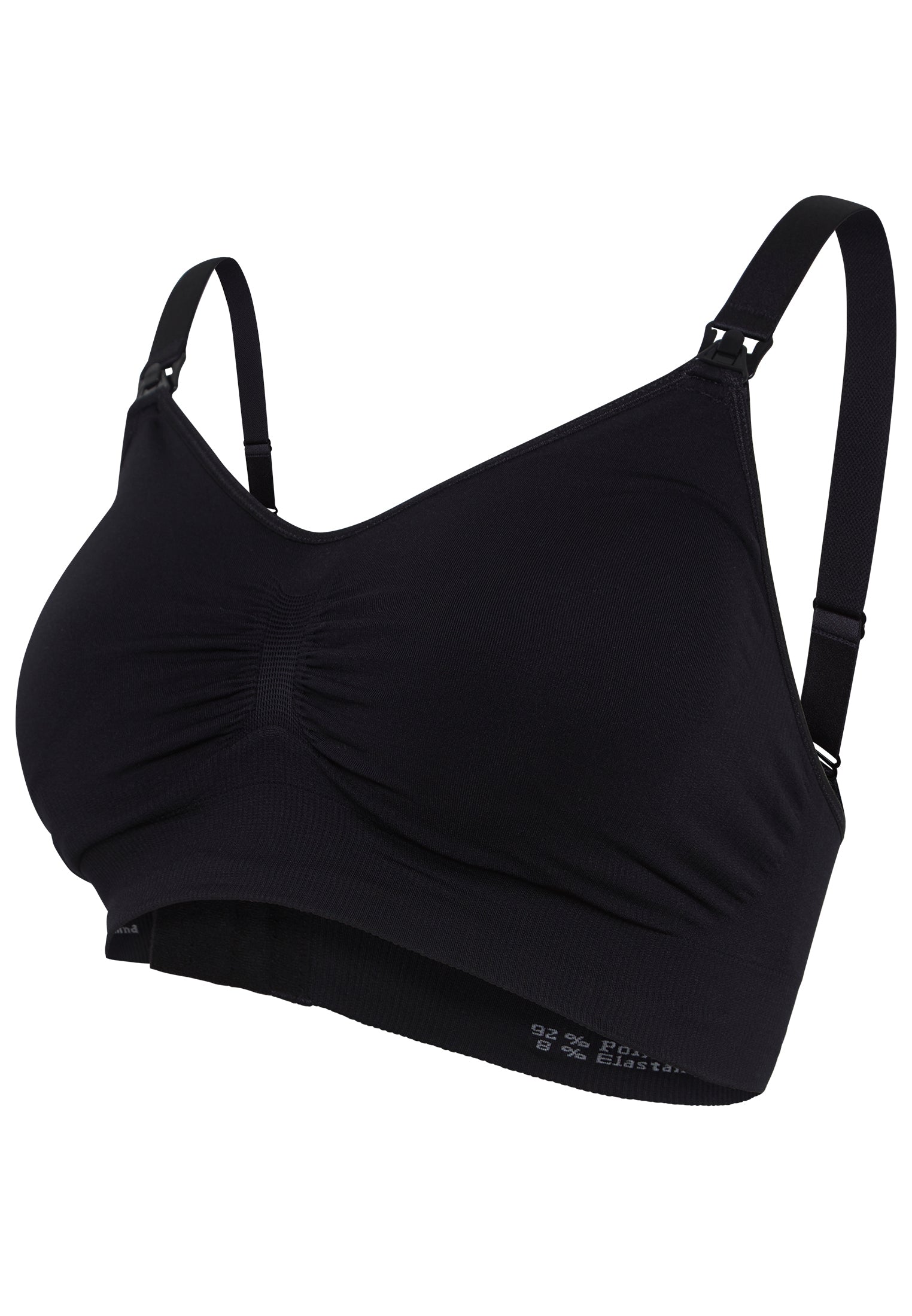 A comfortable black padded bra top with straps, designed for nursing and providing excellent support.