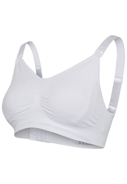 A comfortable white padded bra top with straps, designed for nursing and providing excellent support.