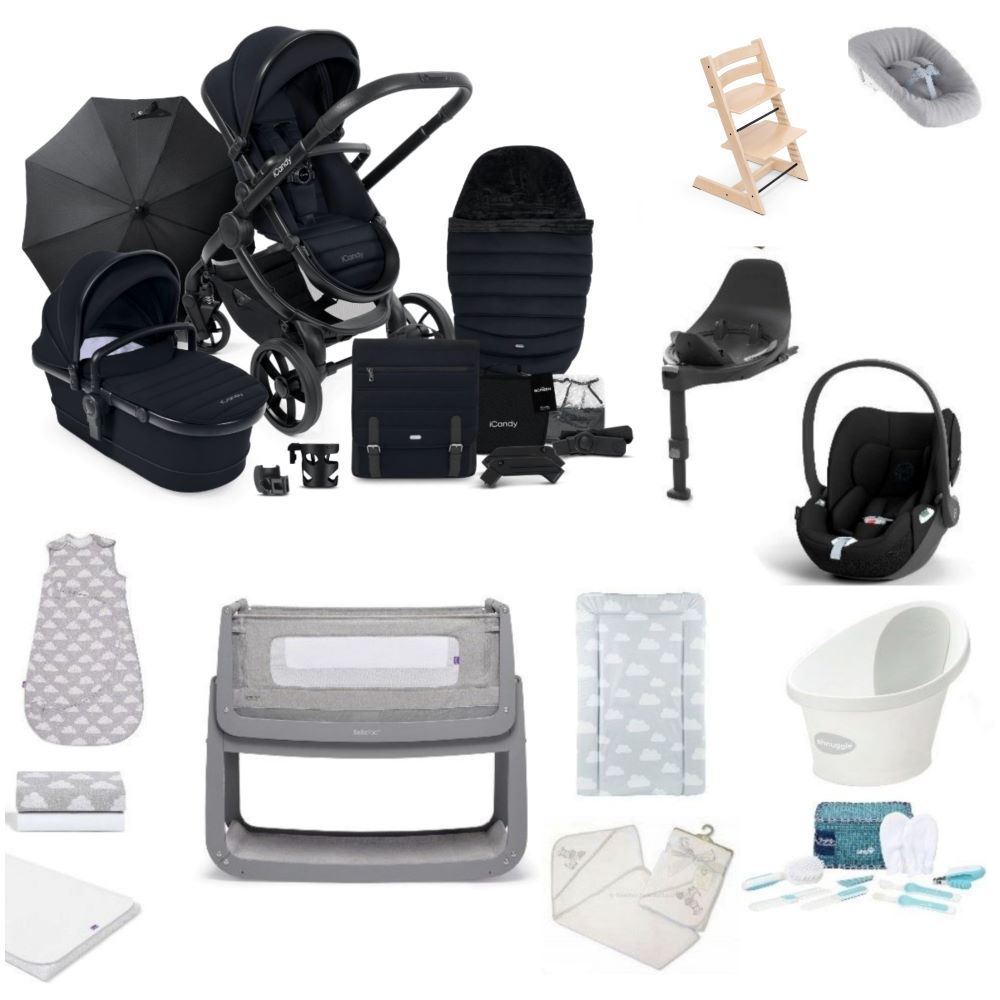 Icandy Peach 7 Pushchair & carrycot in black, complete with all babies essential including car seat, tripp trapp highchair, crib and bath.